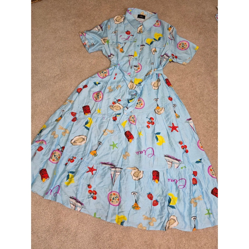 Milk & Honey Blue Mediterranean Novelty Print Tiered Maxi Shirt Dress NWT M